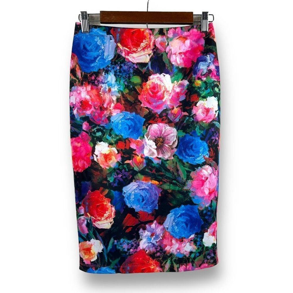 Express Women's Size S Bright Floral Pencil Skirt Multicolor Rainbow Rose Print